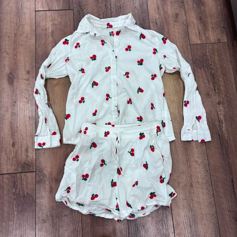 Lizette Collection Cherry Sleepwear Set Long Sleeve w/ Matching Shorts Sz Large